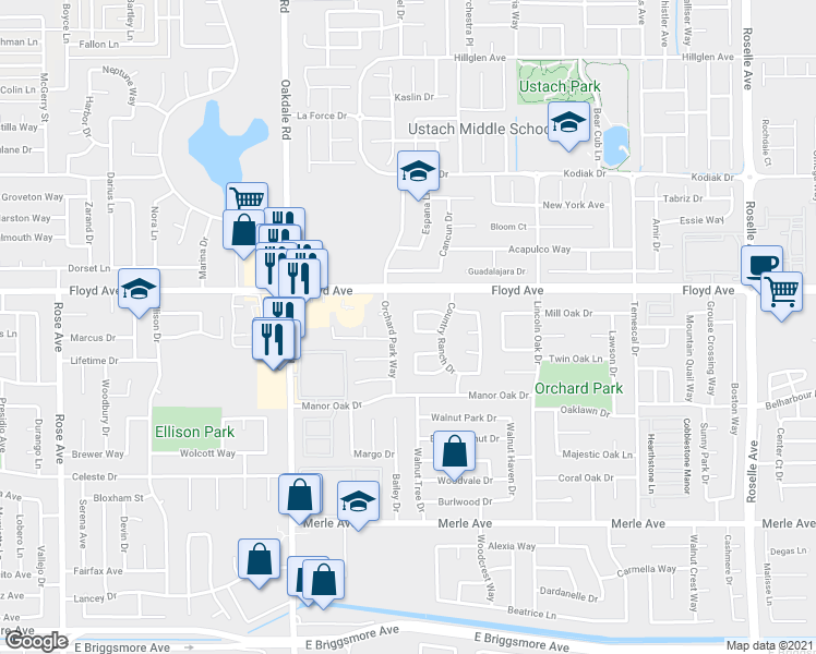 map of restaurants, bars, coffee shops, grocery stores, and more near 2509 Wild Horse Way in Modesto