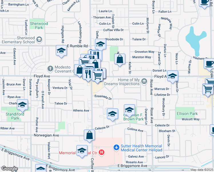 map of restaurants, bars, coffee shops, grocery stores, and more near 2408 Vera Cruz Drive in Modesto