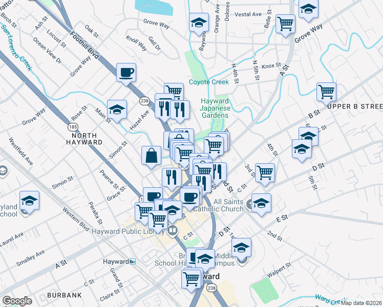 map of restaurants, bars, coffee shops, grocery stores, and more near 1166 Russell Way in Hayward