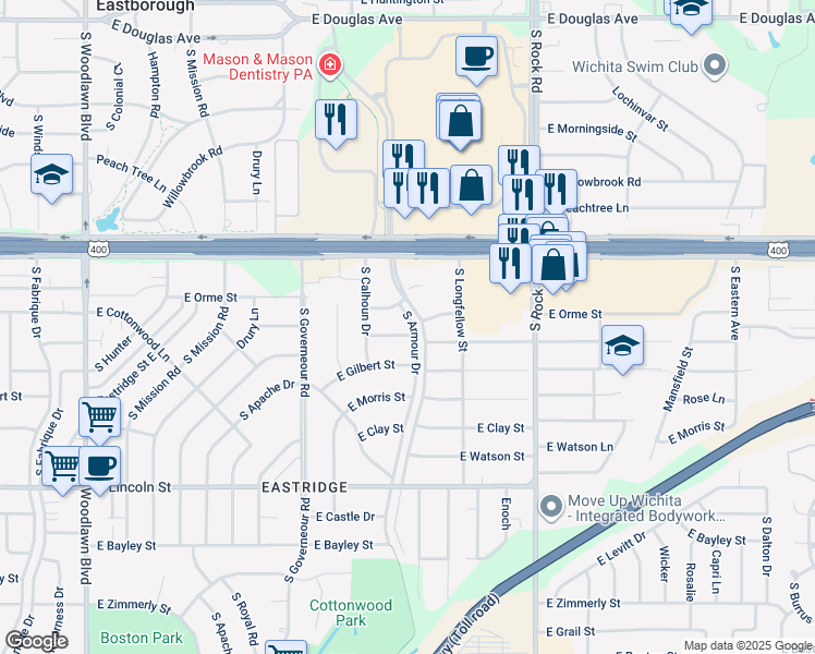 map of restaurants, bars, coffee shops, grocery stores, and more near 625 South Armour Street in Wichita