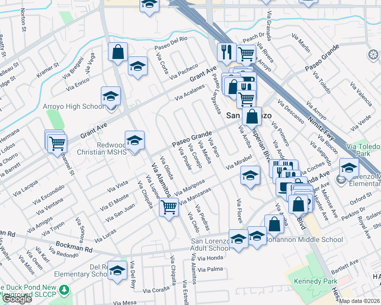 map of restaurants, bars, coffee shops, grocery stores, and more near 16043 Via Conejo in San Lorenzo