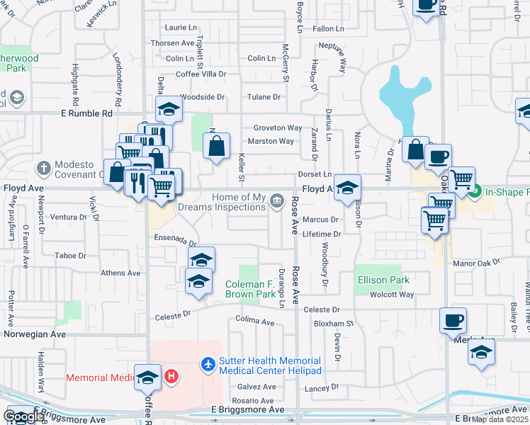 map of restaurants, bars, coffee shops, grocery stores, and more near 1613 San Carlos Lane in Modesto