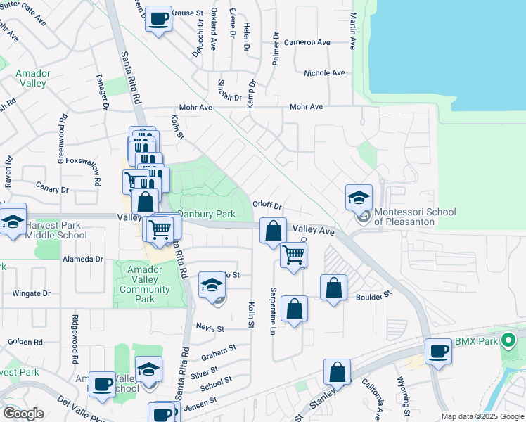map of restaurants, bars, coffee shops, grocery stores, and more near 4169 Hall Court in Pleasanton