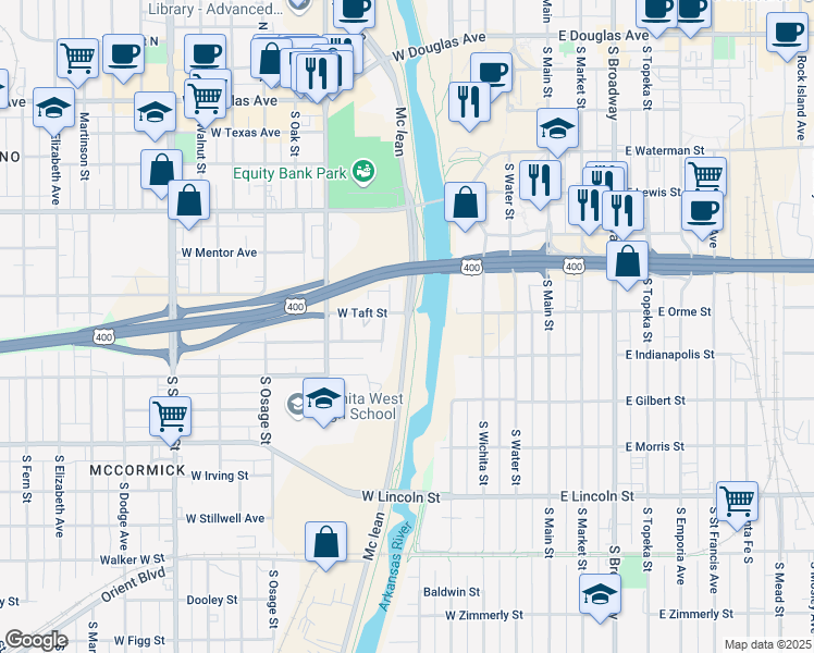 map of restaurants, bars, coffee shops, grocery stores, and more near 801 South McLean Boulevard in Wichita