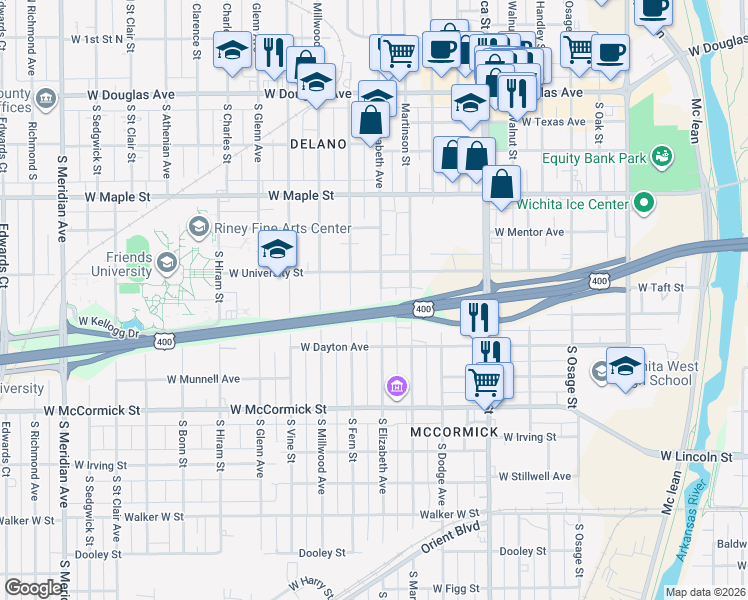 map of restaurants, bars, coffee shops, grocery stores, and more near 643 South Elizabeth in Wichita