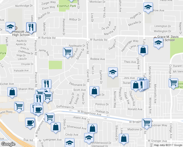 map of restaurants, bars, coffee shops, grocery stores, and more near 1617 Mount Vernon Drive in Modesto