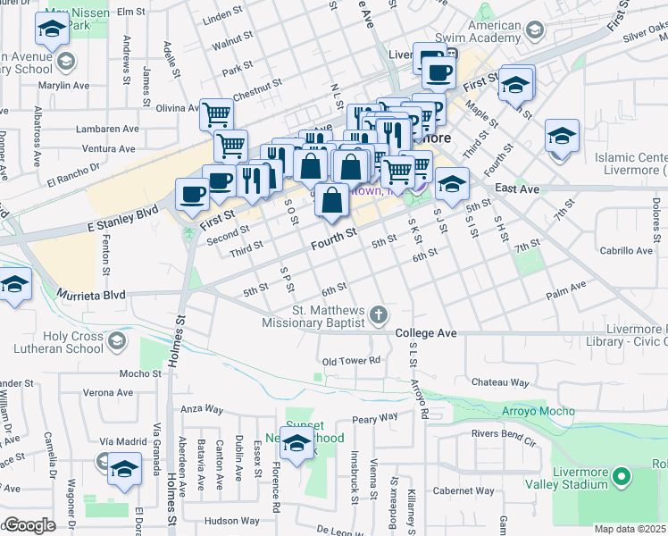 map of restaurants, bars, coffee shops, grocery stores, and more near 1773 5th Street in Livermore