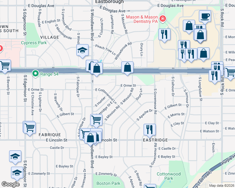 map of restaurants, bars, coffee shops, grocery stores, and more near 633 Eastridge Street East in Wichita