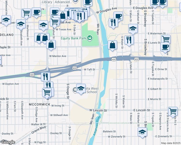 map of restaurants, bars, coffee shops, grocery stores, and more near 725 Taft in Wichita