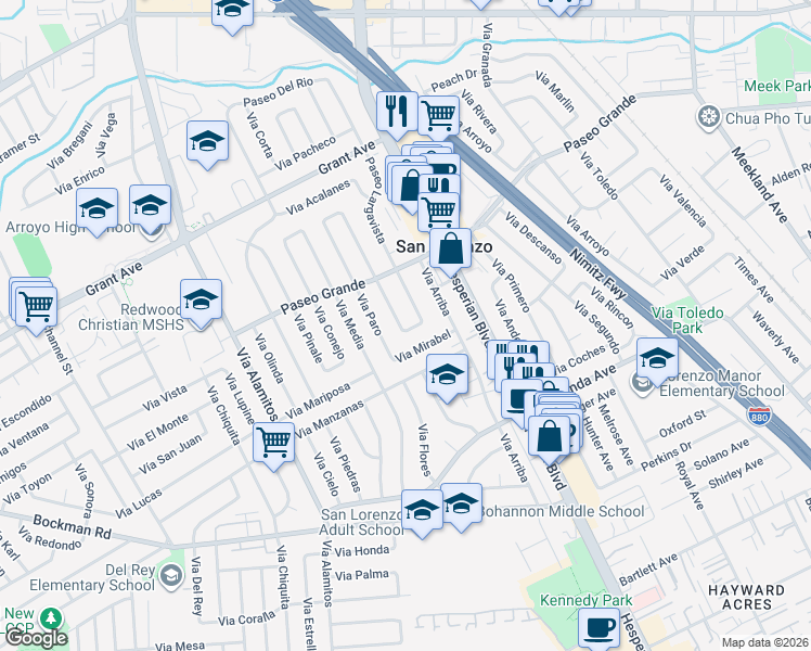 map of restaurants, bars, coffee shops, grocery stores, and more near 16080 Via Del Sol in San Lorenzo