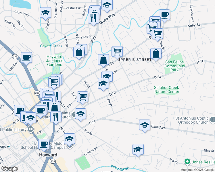 map of restaurants, bars, coffee shops, grocery stores, and more near 1570 Ward Street in Hayward