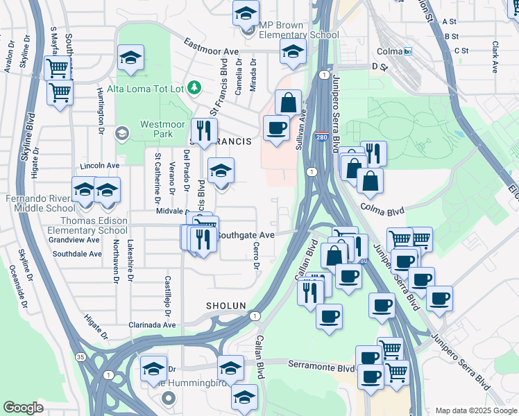 map of restaurants, bars, coffee shops, grocery stores, and more near 107 Cerro Drive in Daly City