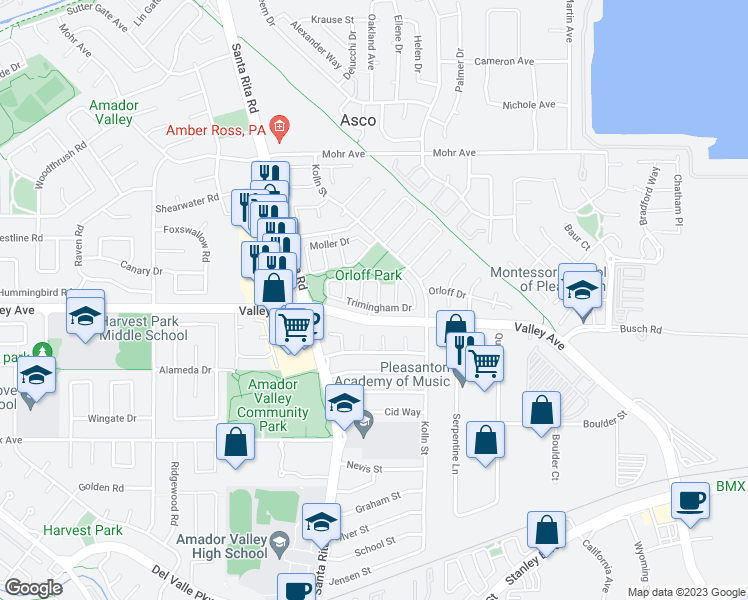 map of restaurants, bars, coffee shops, grocery stores, and more near 1410 Groth Circle in Pleasanton
