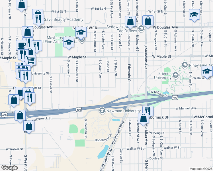 map of restaurants, bars, coffee shops, grocery stores, and more near 629 Chase Street in Wichita