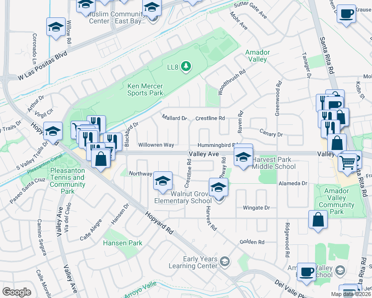 map of restaurants, bars, coffee shops, grocery stores, and more near 2402 Crestline Road in Pleasanton