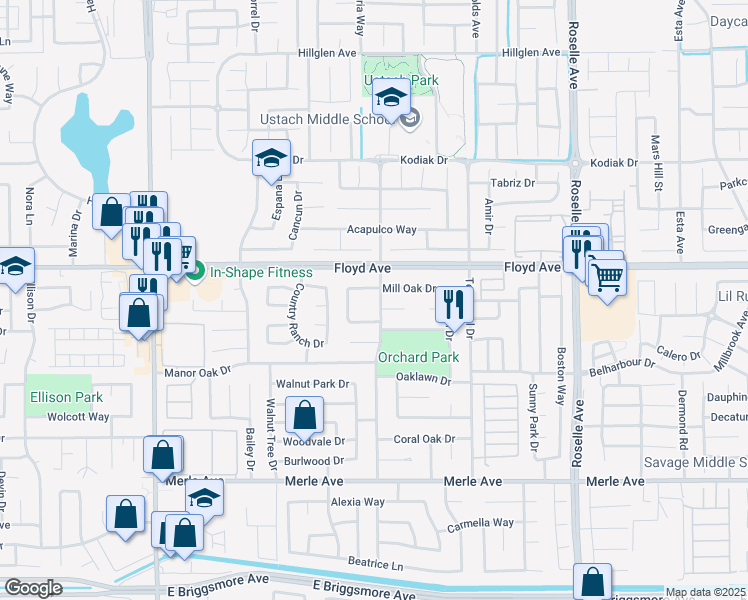 map of restaurants, bars, coffee shops, grocery stores, and more near 2405 Lincoln Oak Drive in Modesto