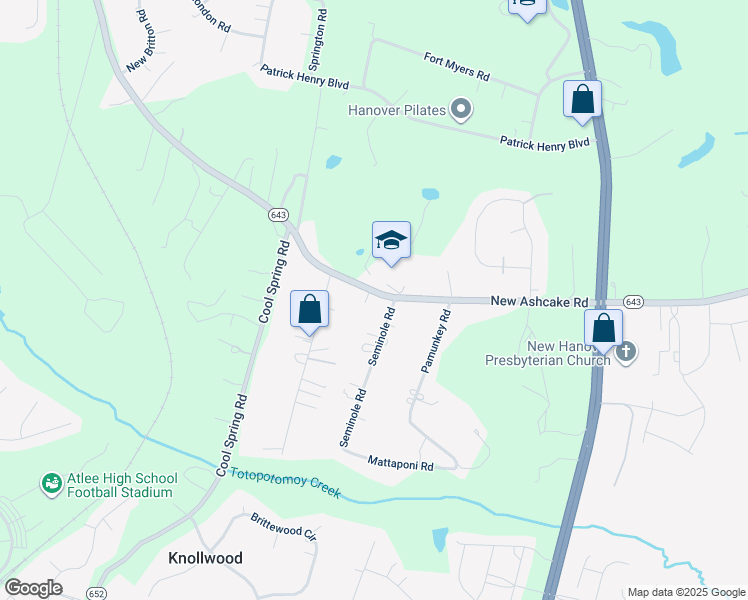 map of restaurants, bars, coffee shops, grocery stores, and more near 8299 New Ashcake Road in Mechanicsville