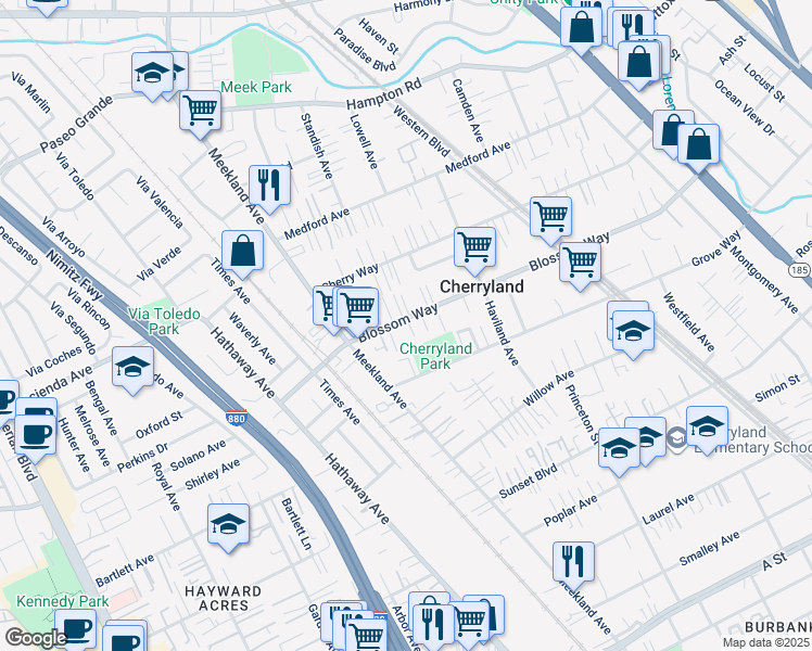 map of restaurants, bars, coffee shops, grocery stores, and more near 247 Blossom Way in Hayward