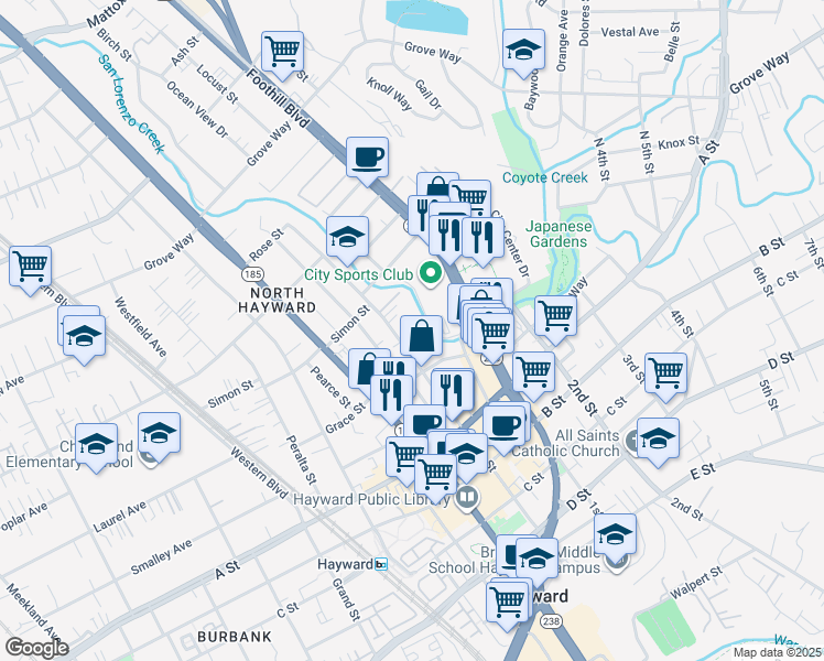 map of restaurants, bars, coffee shops, grocery stores, and more near 22248 Main Street in Hayward