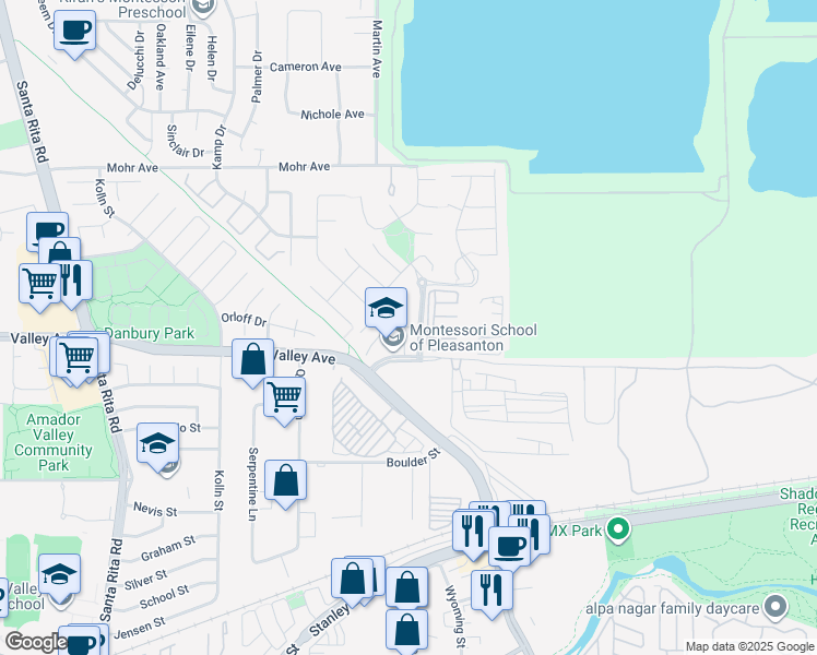 map of restaurants, bars, coffee shops, grocery stores, and more near Cornerstone Court in Pleasanton