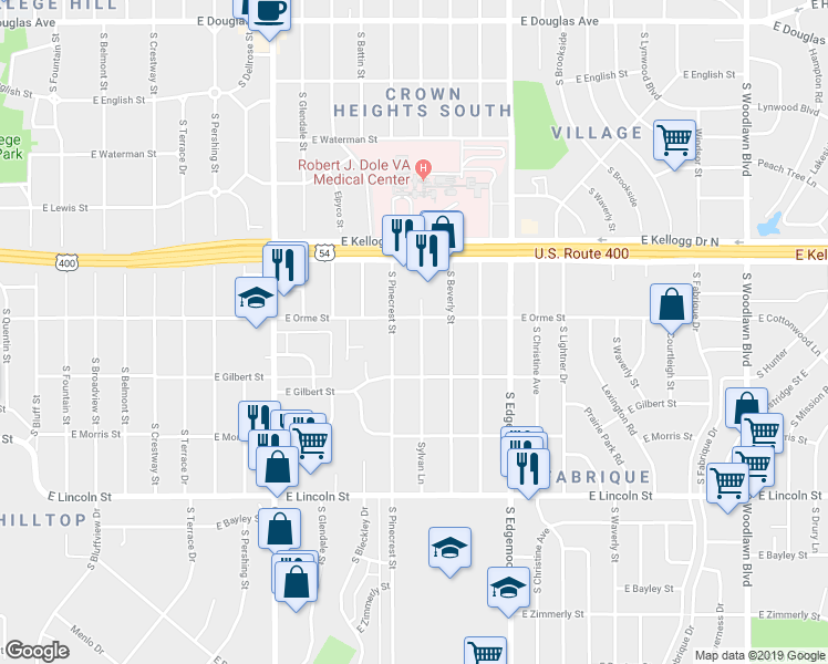 map of restaurants, bars, coffee shops, grocery stores, and more near 611 Sylvan Lane in Wichita
