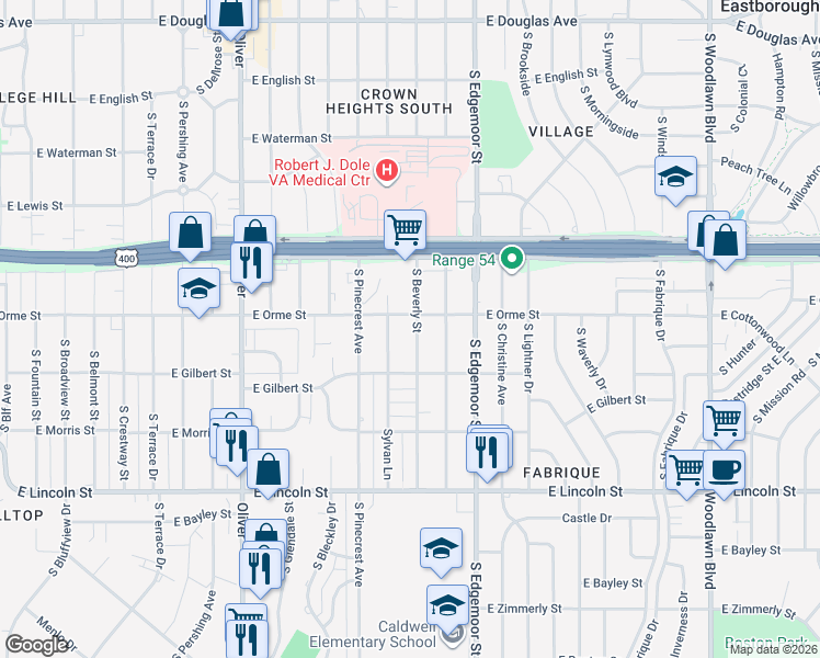 map of restaurants, bars, coffee shops, grocery stores, and more near 610 South Beverly Street in Wichita