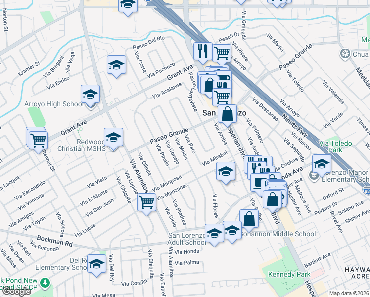 map of restaurants, bars, coffee shops, grocery stores, and more near 16070 Via Media in San Lorenzo