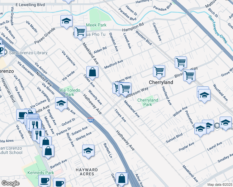map of restaurants, bars, coffee shops, grocery stores, and more near 19759 Meekland Avenue in Hayward