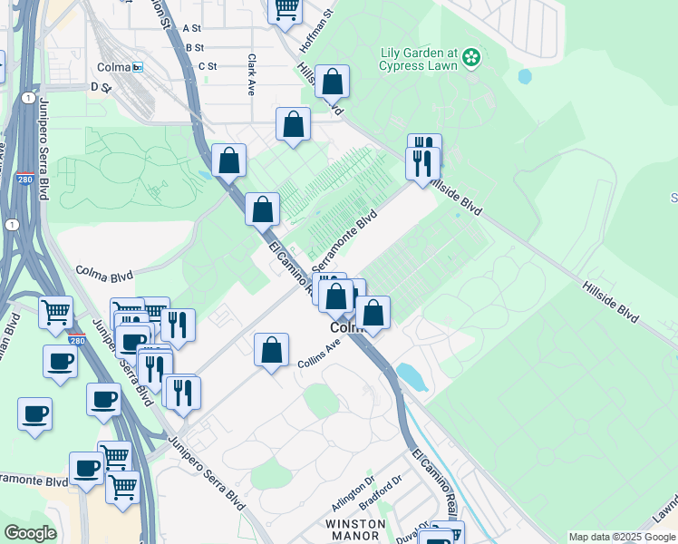 map of restaurants, bars, coffee shops, grocery stores, and more near 485 Serramonte Boulevard in Colma