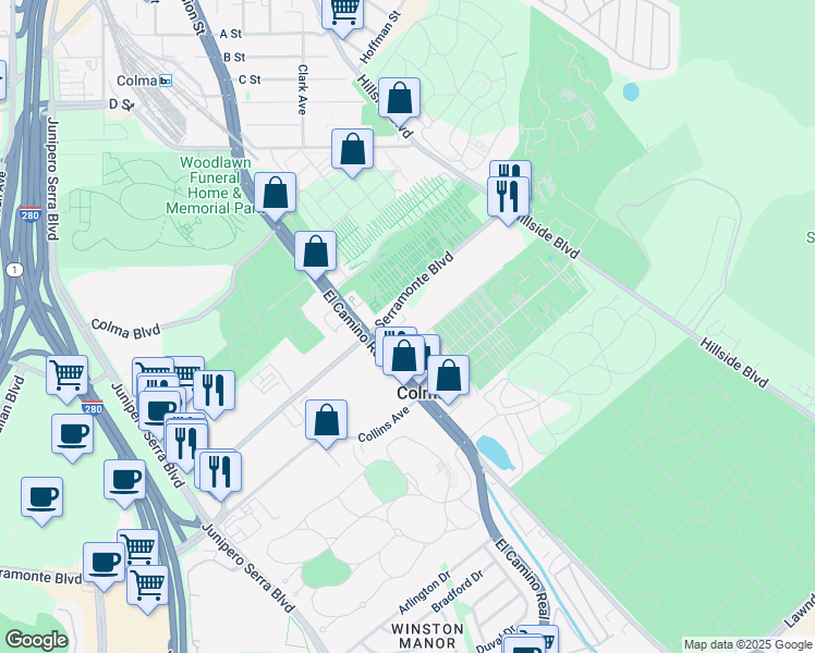 map of restaurants, bars, coffee shops, grocery stores, and more near 485 Serramonte Boulevard in Colma