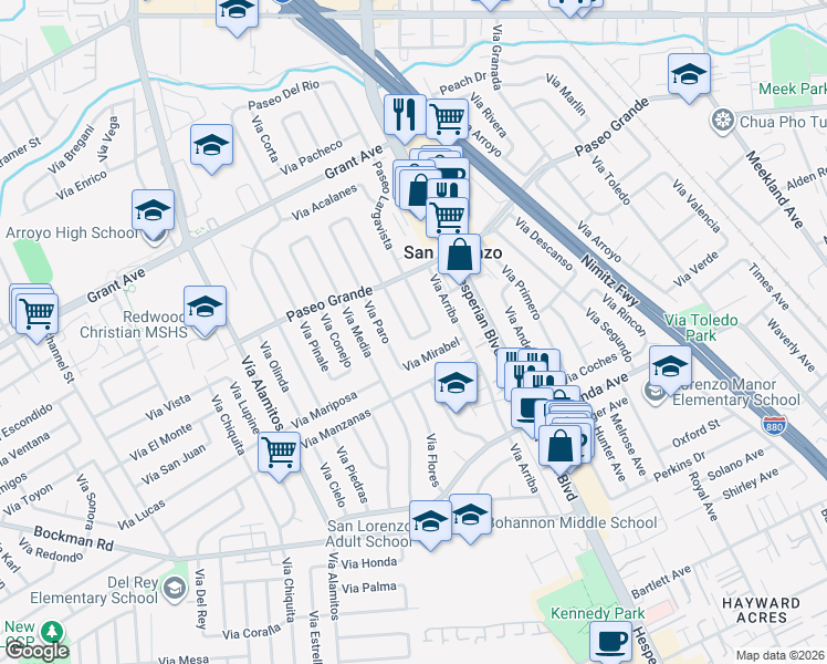 map of restaurants, bars, coffee shops, grocery stores, and more near 16080 Via Del Sol in San Lorenzo