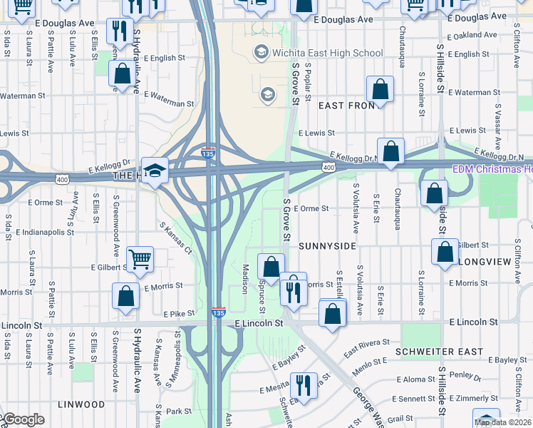 map of restaurants, bars, coffee shops, grocery stores, and more near 606 Spruce Street in Wichita
