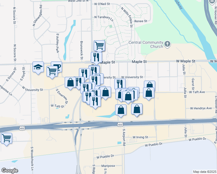 map of restaurants, bars, coffee shops, grocery stores, and more near 437 South Scouller Street in Wichita