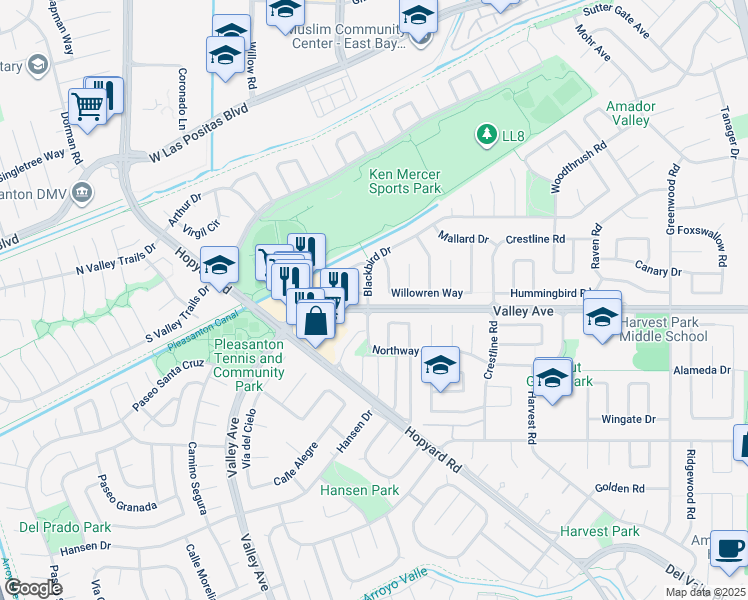 map of restaurants, bars, coffee shops, grocery stores, and more near 5590 Blackbird Drive in Pleasanton