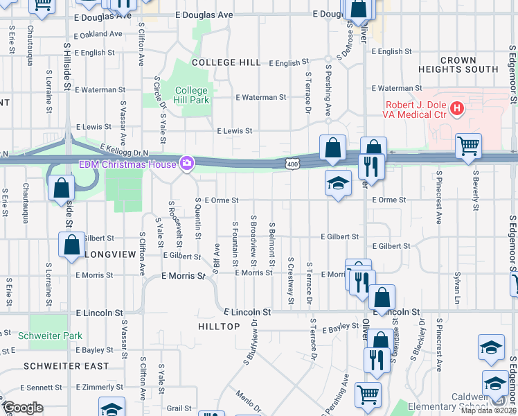 map of restaurants, bars, coffee shops, grocery stores, and more near 612 South Broadview Street in Wichita