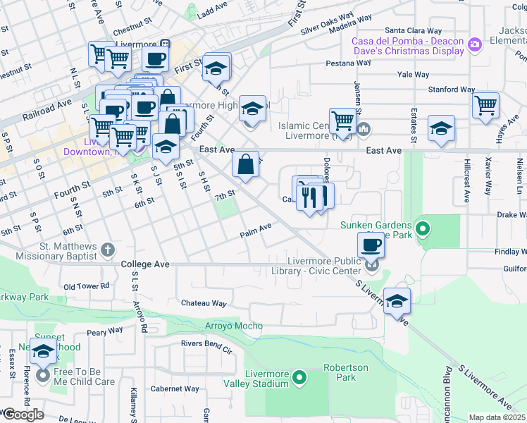 map of restaurants, bars, coffee shops, grocery stores, and more near 827 South Livermore Avenue in Livermore