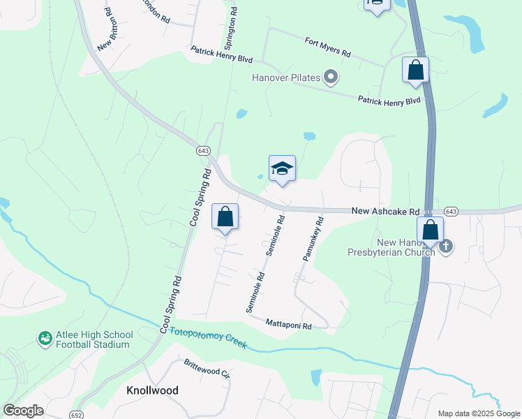 map of restaurants, bars, coffee shops, grocery stores, and more near 8307 New Ashcake Road in Mechanicsville
