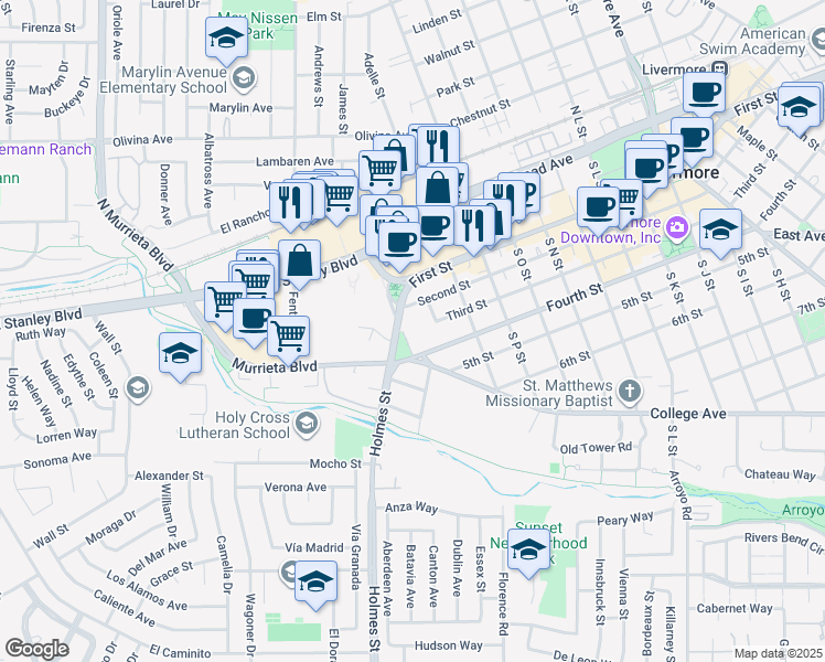 map of restaurants, bars, coffee shops, grocery stores, and more near 310 South S Street in Livermore