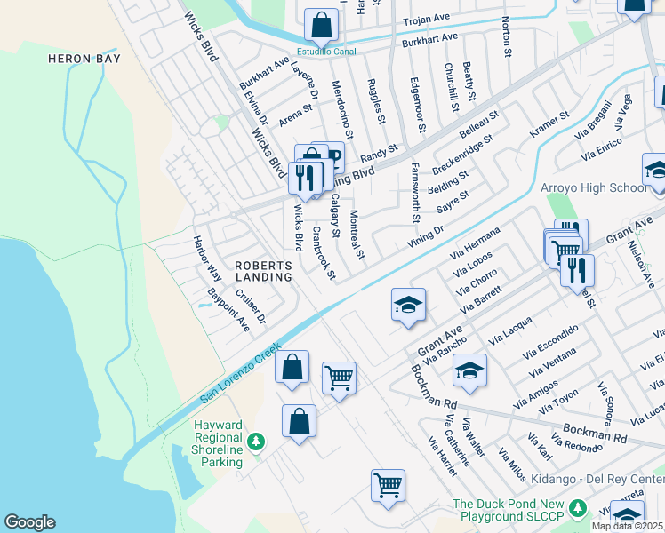 map of restaurants, bars, coffee shops, grocery stores, and more near 15660 Cranbrook Street in San Leandro