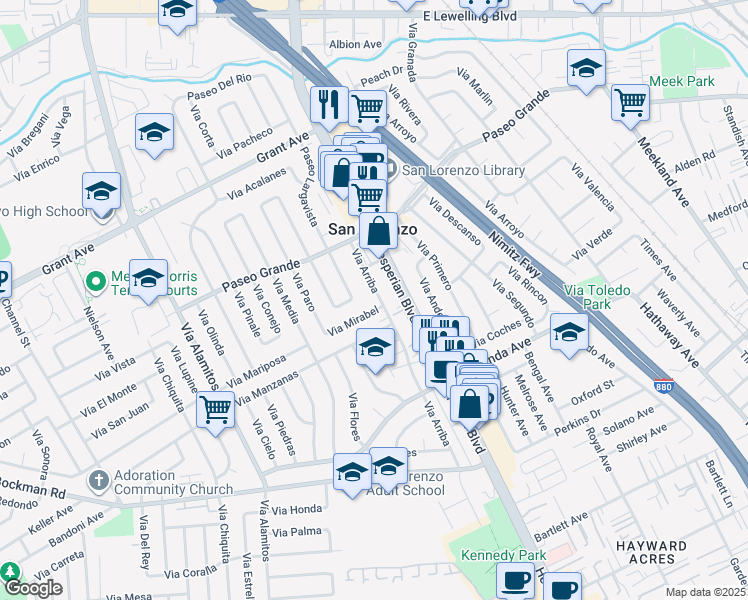 map of restaurants, bars, coffee shops, grocery stores, and more near 16151 Vía Arriba in San Lorenzo
