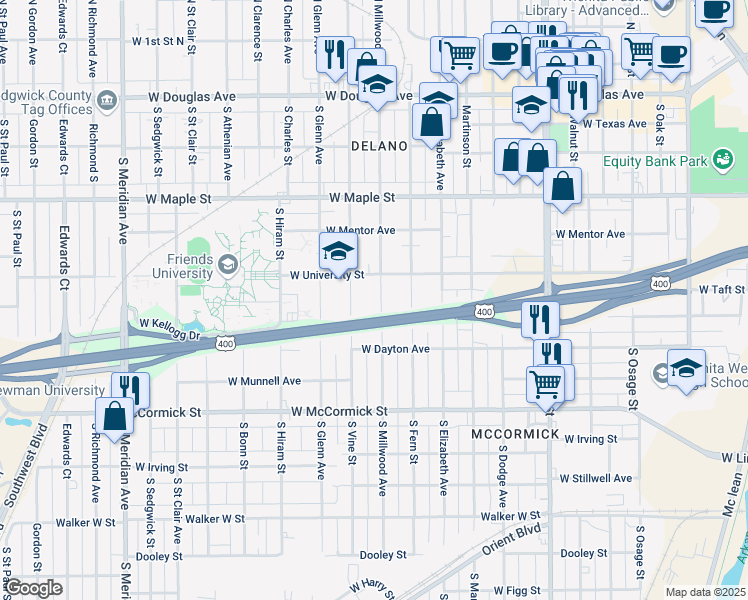 map of restaurants, bars, coffee shops, grocery stores, and more near 627 South Millwood Avenue in Wichita