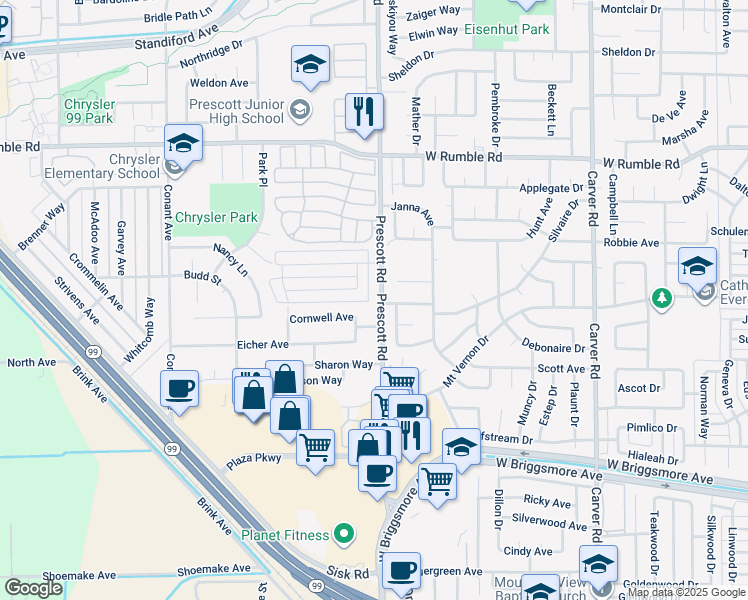 map of restaurants, bars, coffee shops, grocery stores, and more near 2301 Prescott Road in Modesto