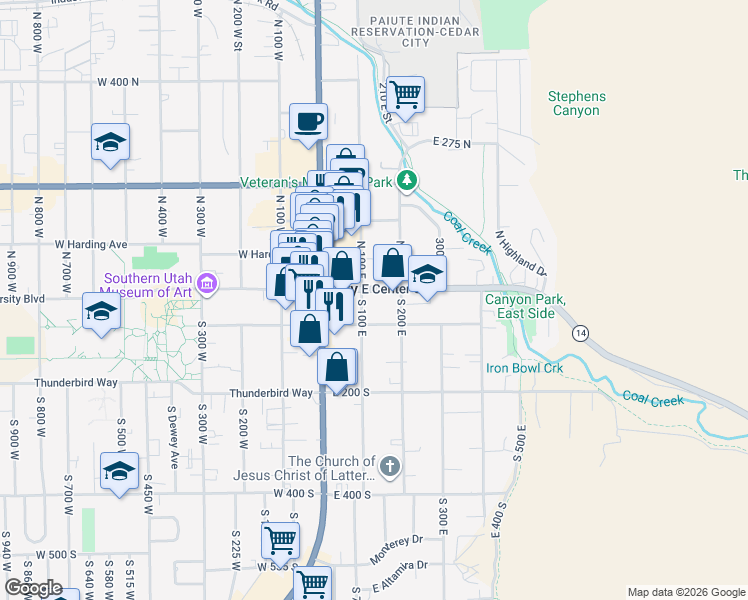 map of restaurants, bars, coffee shops, grocery stores, and more near 110 East Center Street in Cedar City