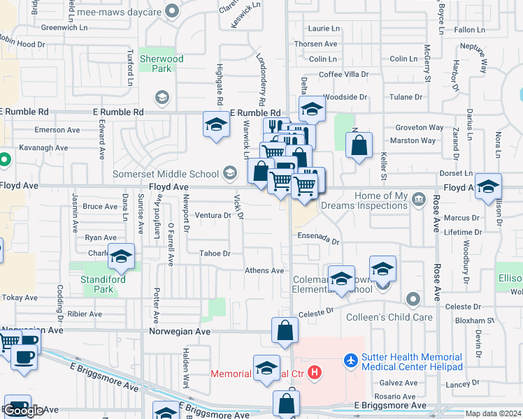 map of restaurants, bars, coffee shops, grocery stores, and more near 1200 Huntington Drive in Modesto