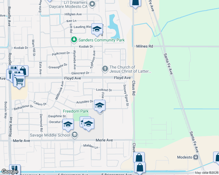 map of restaurants, bars, coffee shops, grocery stores, and more near 2517 Albatros Drive in Modesto