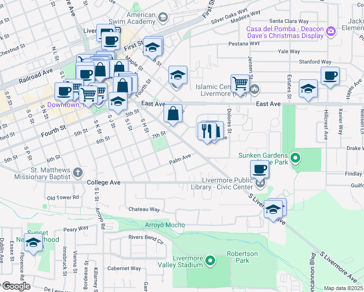 map of restaurants, bars, coffee shops, grocery stores, and more near 827 South Livermore Avenue in Livermore