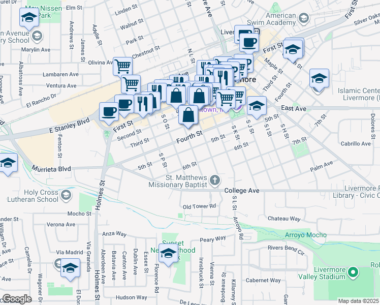 map of restaurants, bars, coffee shops, grocery stores, and more near 1741 5th Street in Livermore