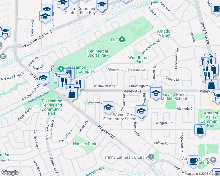 map of restaurants, bars, coffee shops, grocery stores, and more near 2638 Willowren Way in Pleasanton