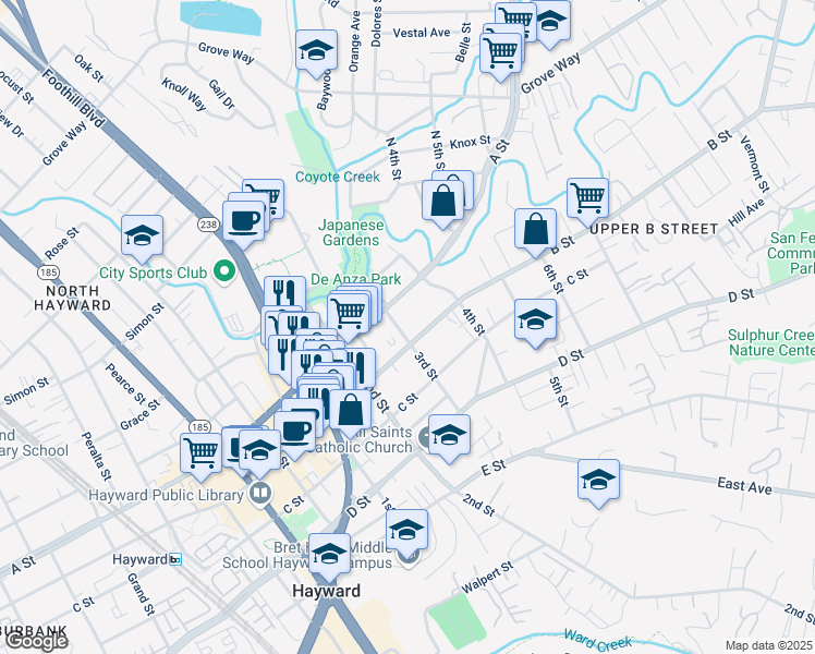 map of restaurants, bars, coffee shops, grocery stores, and more near 1318 B Street in Hayward