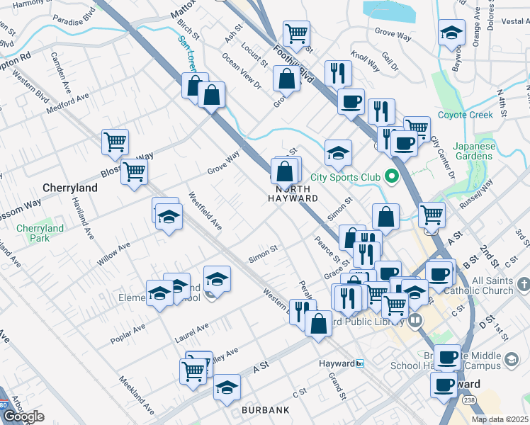 map of restaurants, bars, coffee shops, grocery stores, and more near 760 Sunset Boulevard in Hayward